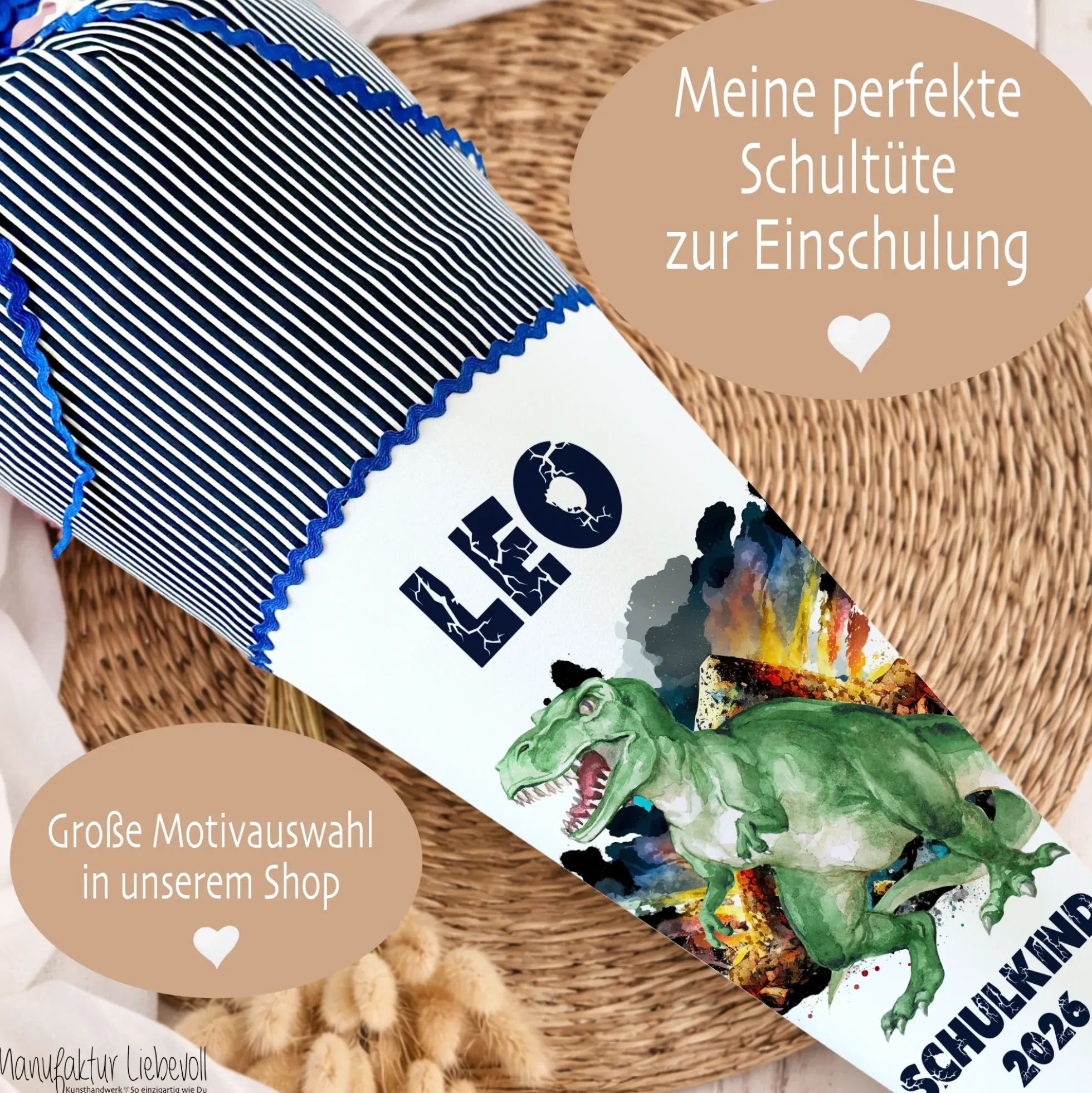 Dinosaurier Stoff Schultüte T Rex | Personalisiert mit dem Namen für Jungen | Optional mit Füllkissen und Spitzenschutz