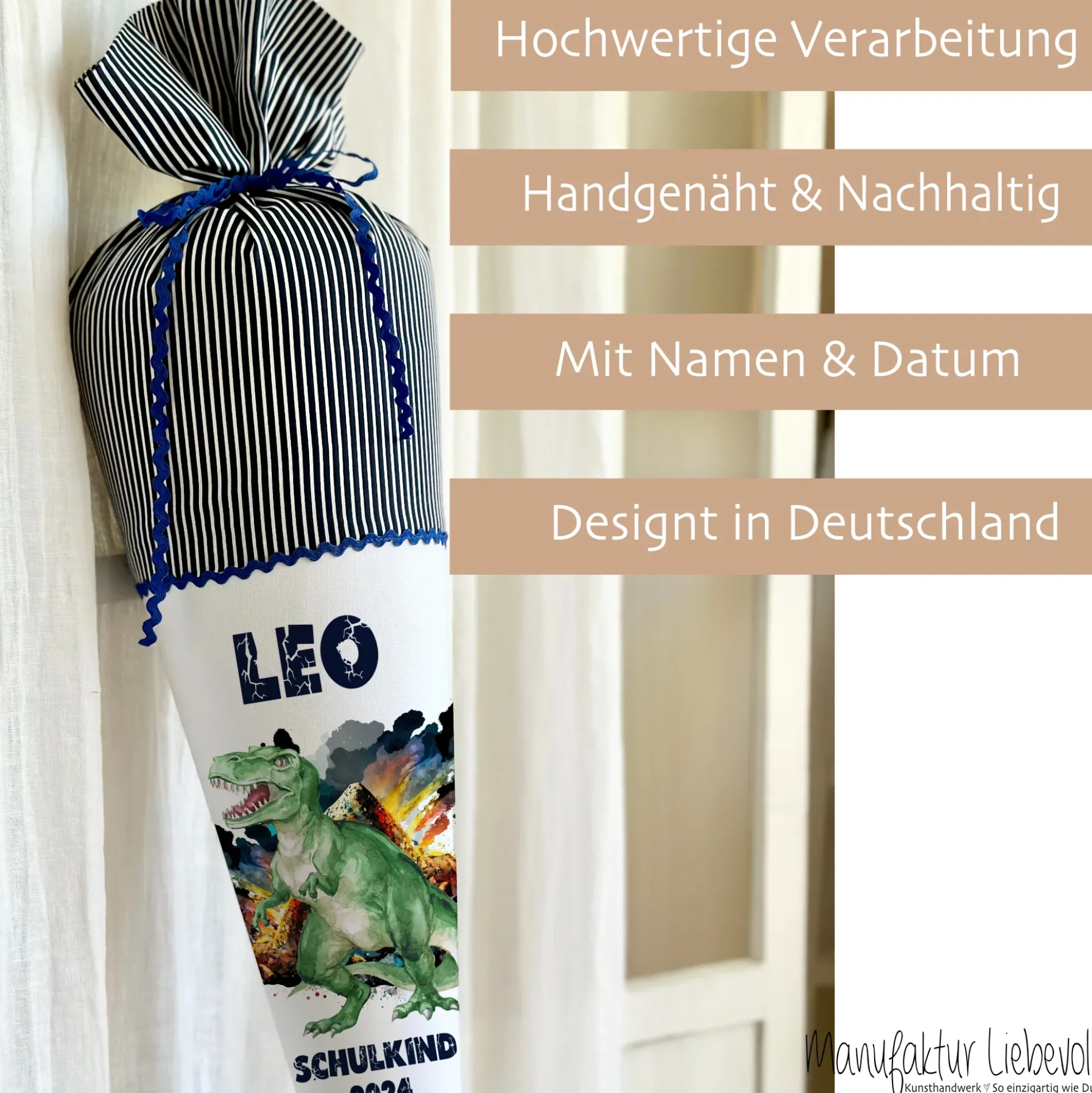 Dinosaurier Stoff Schultüte T Rex | Personalisiert mit dem Namen für Jungen | Optional mit Füllkissen und Spitzenschutz