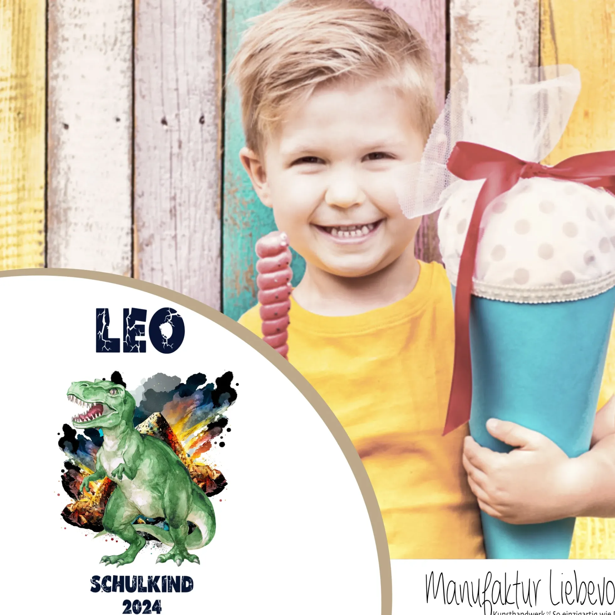 Dinosaurier Stoff Schultüte T Rex | Personalisiert mit dem Namen für Jungen | Optional mit Füllkissen und Spitzenschutz
