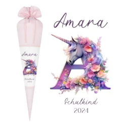 Einhorn Stoff Schultüte für Mädchen I Pferd Pony Zuckertüte Monogramm Namen Einschulungstüte Datum Blumen Füllkissen 70 cm I Optional mit Füllkissen und Spitzenschutz