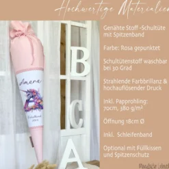 Einhorn Stoff Schultüte für Mädchen I Pferd Pony Zuckertüte Monogramm Namen Einschulungstüte Datum Blumen Füllkissen 70 cm I Optional mit Füllkissen und Spitzenschutz