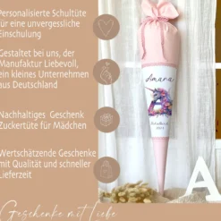 Einhorn Stoff Schultüte für Mädchen I Pferd Pony Zuckertüte Monogramm Namen Einschulungstüte Datum Blumen Füllkissen 70 cm I Optional mit Füllkissen und Spitzenschutz