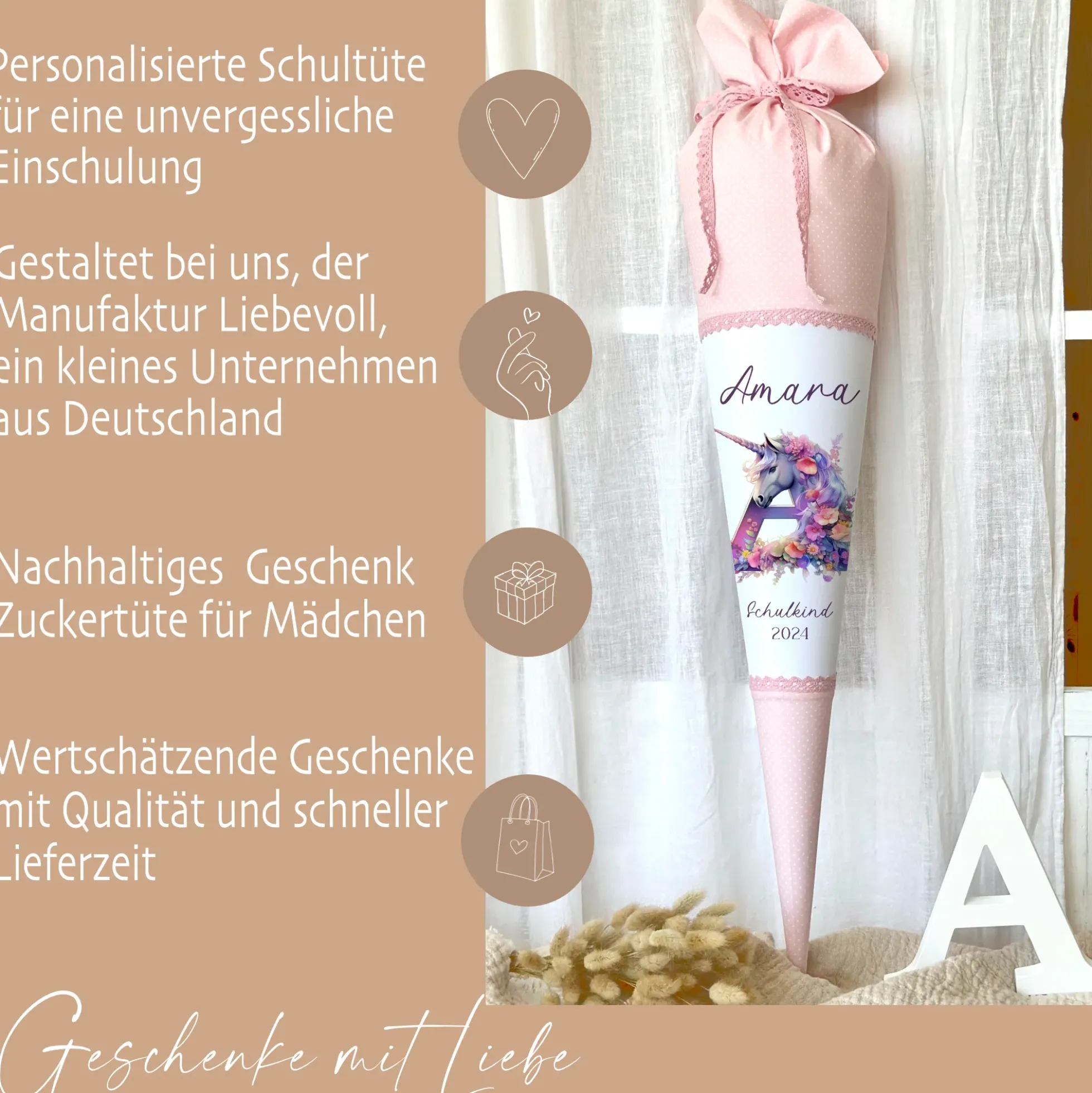 Einhorn Stoff Schultüte für Mädchen I Pferd Pony Zuckertüte Monogramm Namen Einschulungstüte Datum Blumen Füllkissen 70 cm I Optional mit Füllkissen und Spitzenschutz