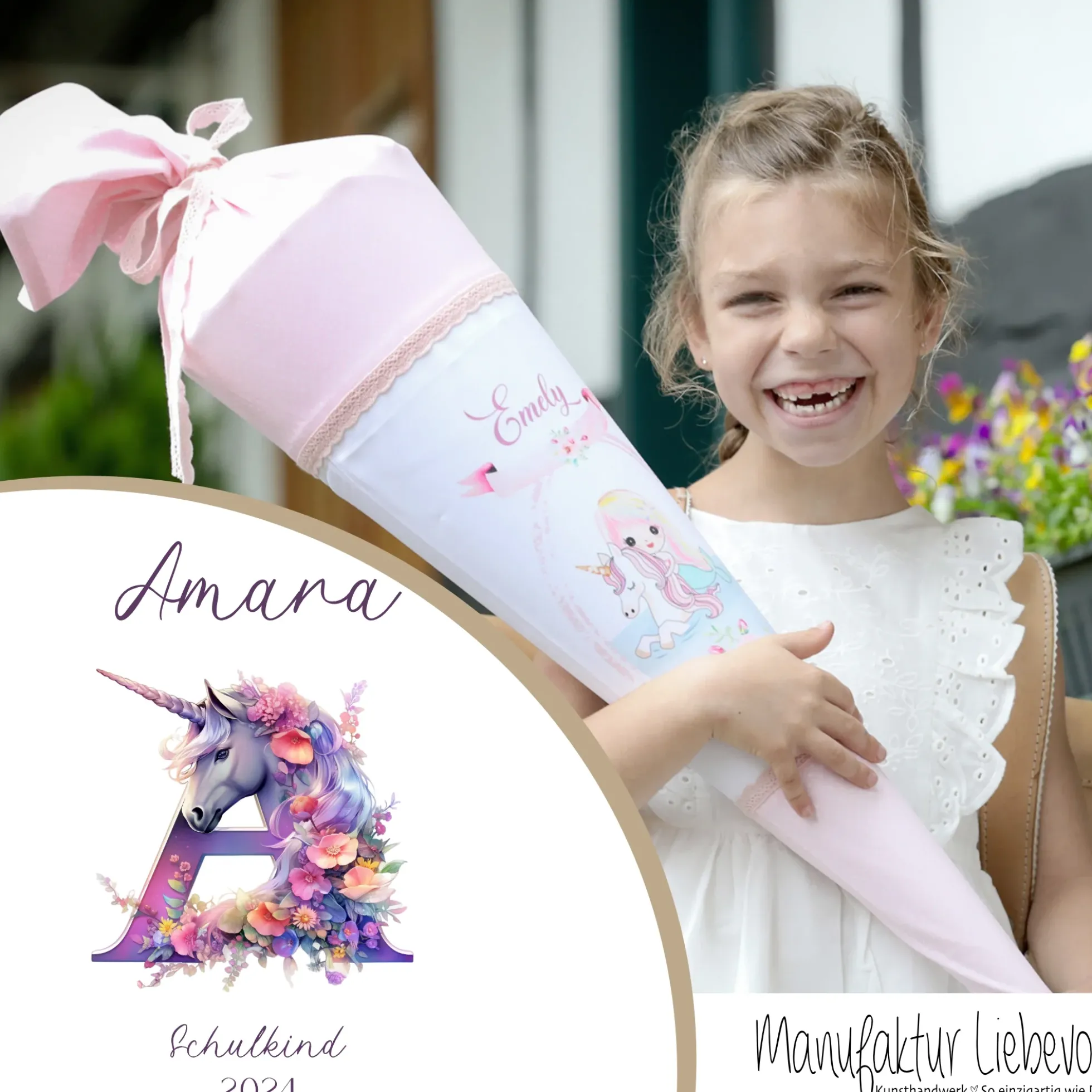 Einhorn Stoff Schultüte für Mädchen I Pferd Pony Zuckertüte Monogramm Namen Einschulungstüte Datum Blumen Füllkissen 70 cm I Optional mit Füllkissen und Spitzenschutz