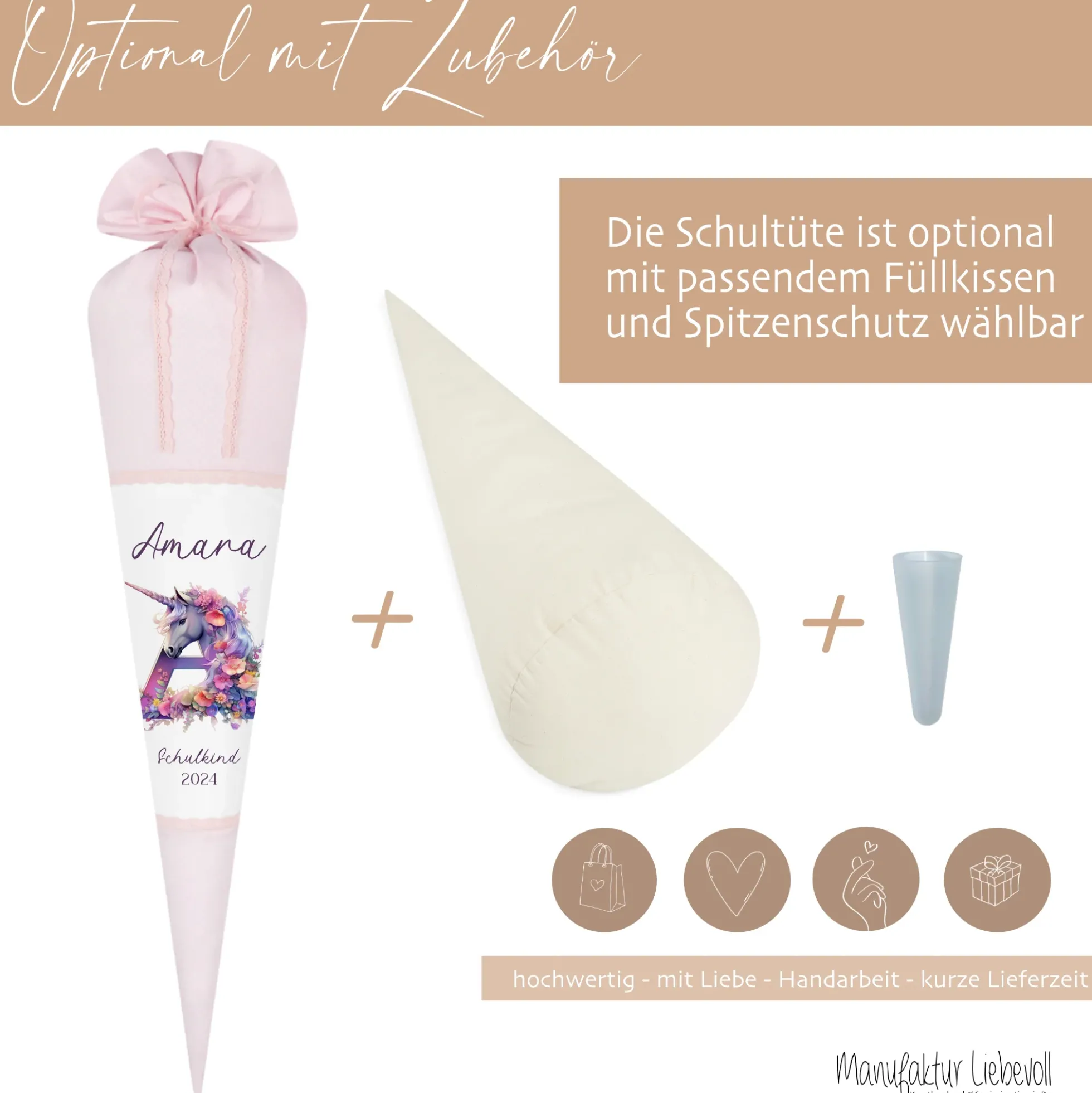 Einhorn Stoff Schultüte für Mädchen I Pferd Pony Zuckertüte Monogramm Namen Einschulungstüte Datum Blumen Füllkissen 70 cm I Optional mit Füllkissen und Spitzenschutz