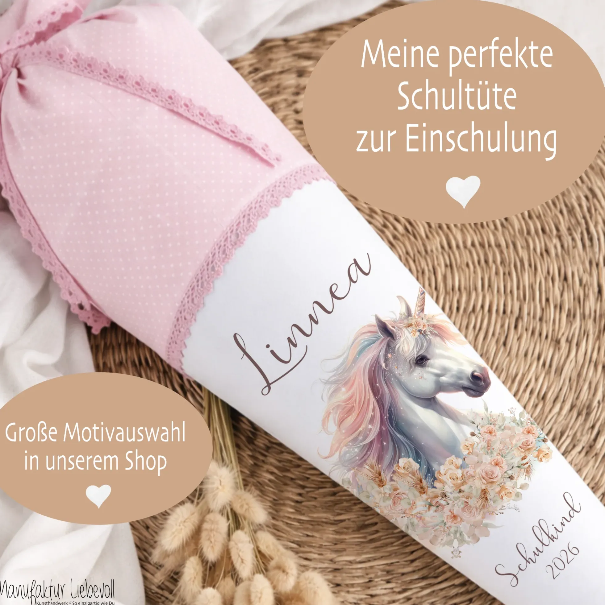 Einhorn Stoff Schultüte für Mädchen I Pferd Zuckertüte mit Namen Einschulungstüte Einschulung Datum Blumen Füllkissen 70 cm I Optional mit Füllkissen und Spitzenschutz