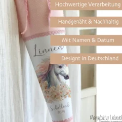Einhorn Stoff Schultüte für Mädchen I Pferd Zuckertüte mit Namen Einschulungstüte Einschulung Datum Blumen Füllkissen 70 cm I Optional mit Füllkissen und Spitzenschutz