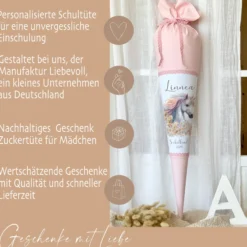 Einhorn Stoff Schultüte für Mädchen I Pferd Zuckertüte mit Namen Einschulungstüte Einschulung Datum Blumen Füllkissen 70 cm I Optional mit Füllkissen und Spitzenschutz