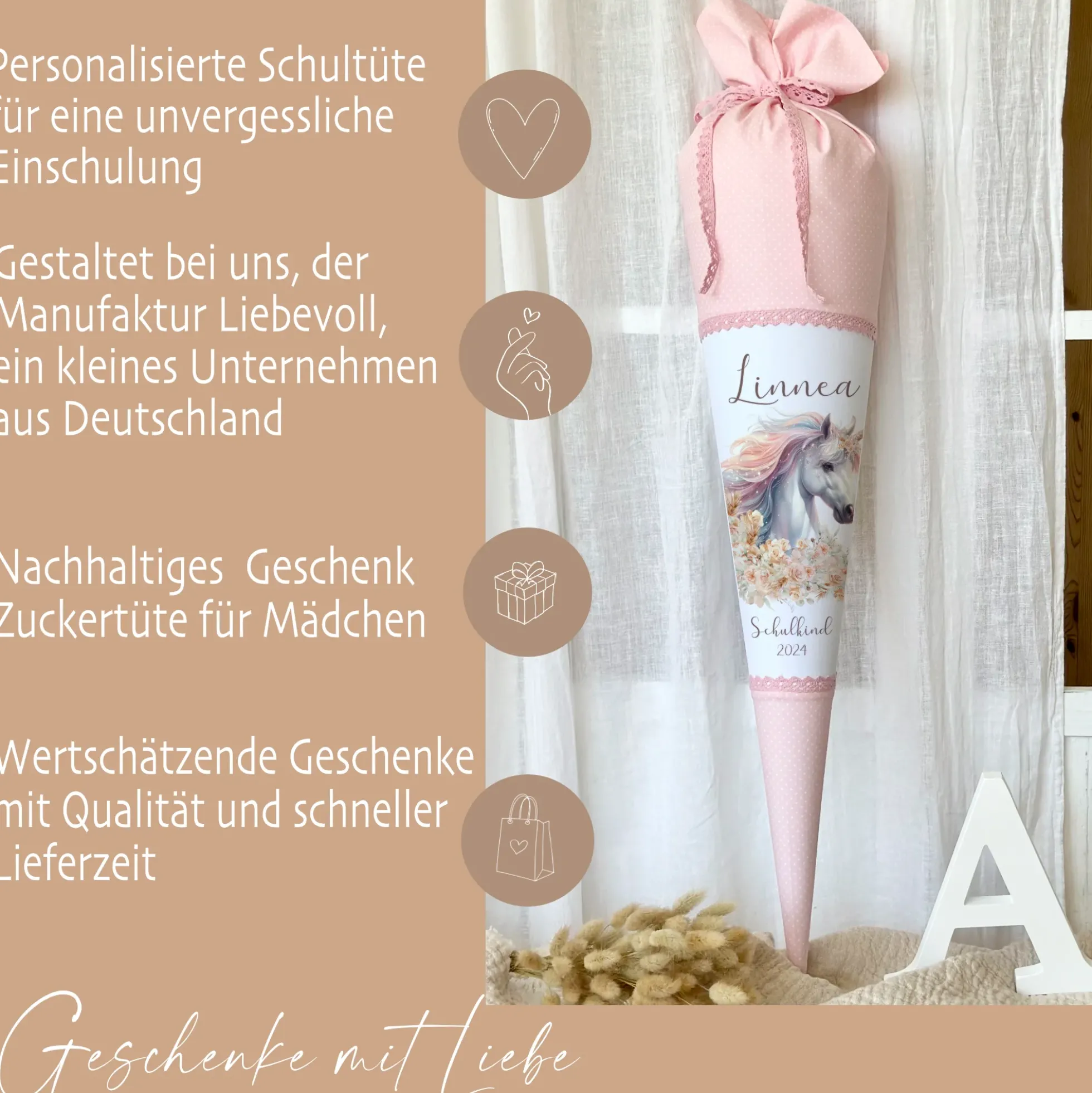 Einhorn Stoff Schultüte für Mädchen I Pferd Zuckertüte mit Namen Einschulungstüte Einschulung Datum Blumen Füllkissen 70 cm I Optional mit Füllkissen und Spitzenschutz