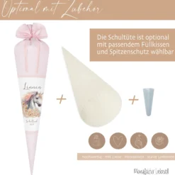 Einhorn Stoff Schultüte für Mädchen I Pferd Zuckertüte mit Namen Einschulungstüte Einschulung Datum Blumen Füllkissen 70 cm I Optional mit Füllkissen und Spitzenschutz