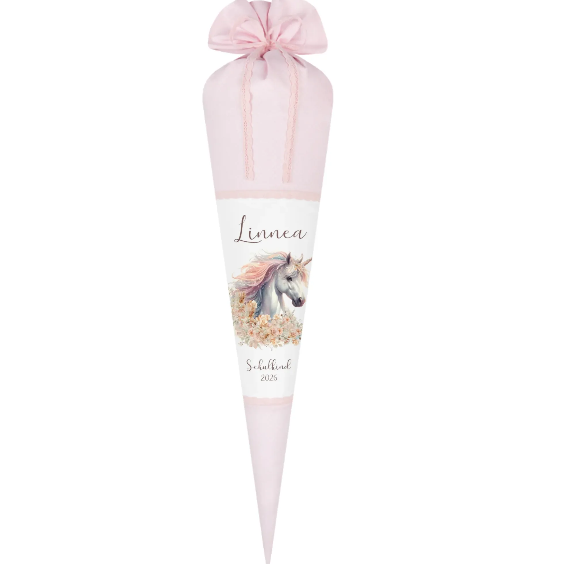 Einhorn Stoff Schultüte für Mädchen I Pferd Zuckertüte mit Namen Einschulungstüte Einschulung Datum Blumen Füllkissen 70 cm I Optional mit Füllkissen und Spitzenschutz