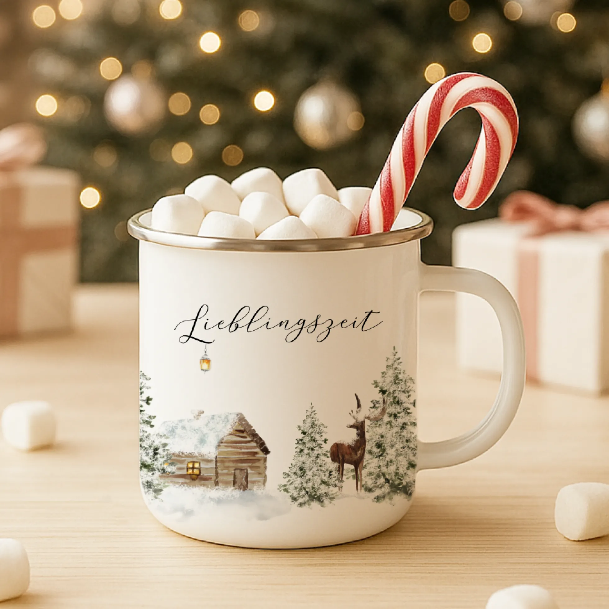 Emaille Tasse Lieblingszeit – Winter Becher mit Hirsch & Hütte – Geschenkidee Weihnachten & Advent