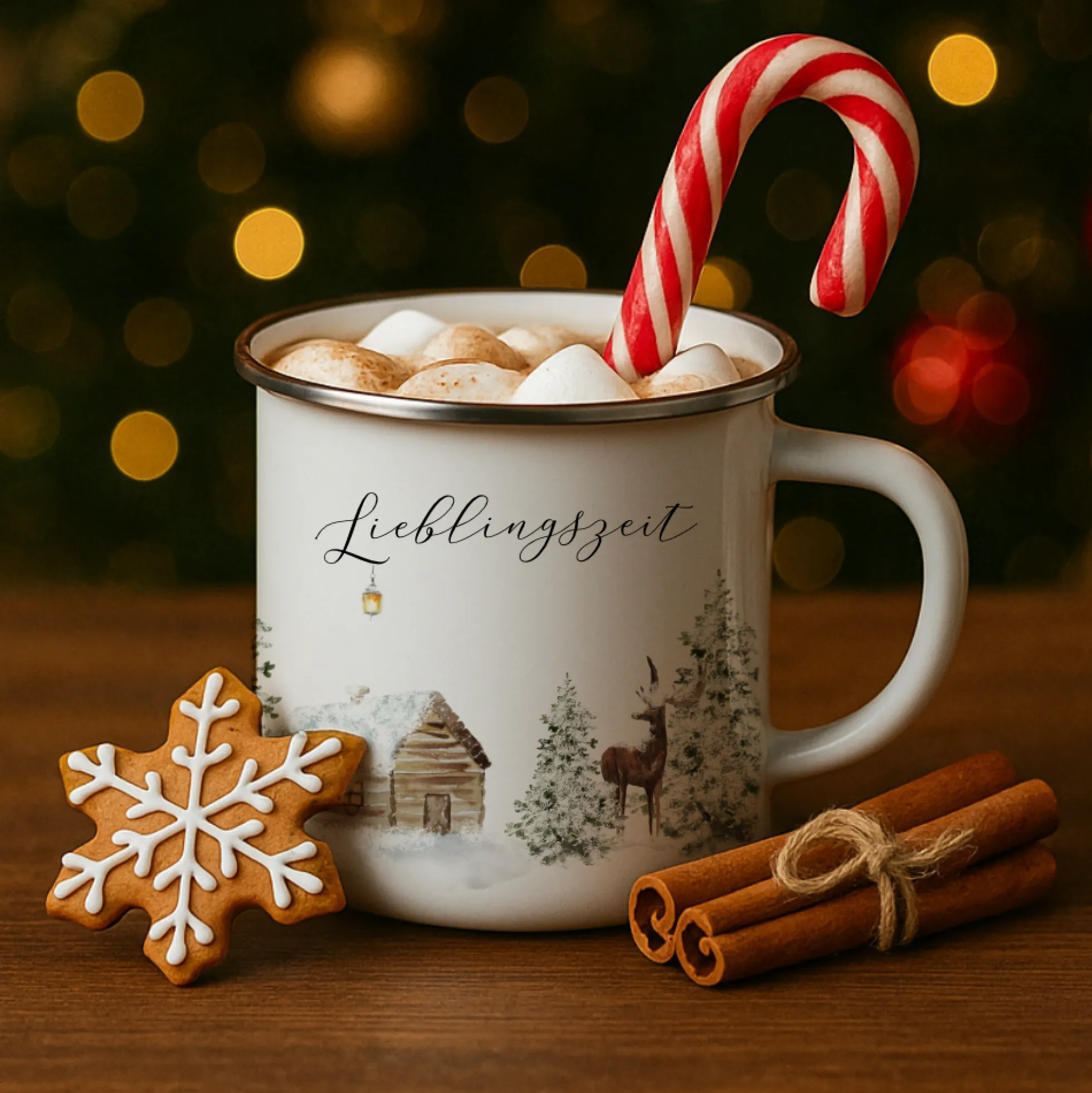 Emaille Tasse Lieblingszeit – Winter Becher mit Hirsch & Hütte – Geschenkidee Weihnachten & Advent