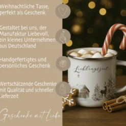 Emaille Tasse Lieblingszeit – Winter Becher mit Hirsch & Hütte – Geschenkidee Weihnachten & Advent