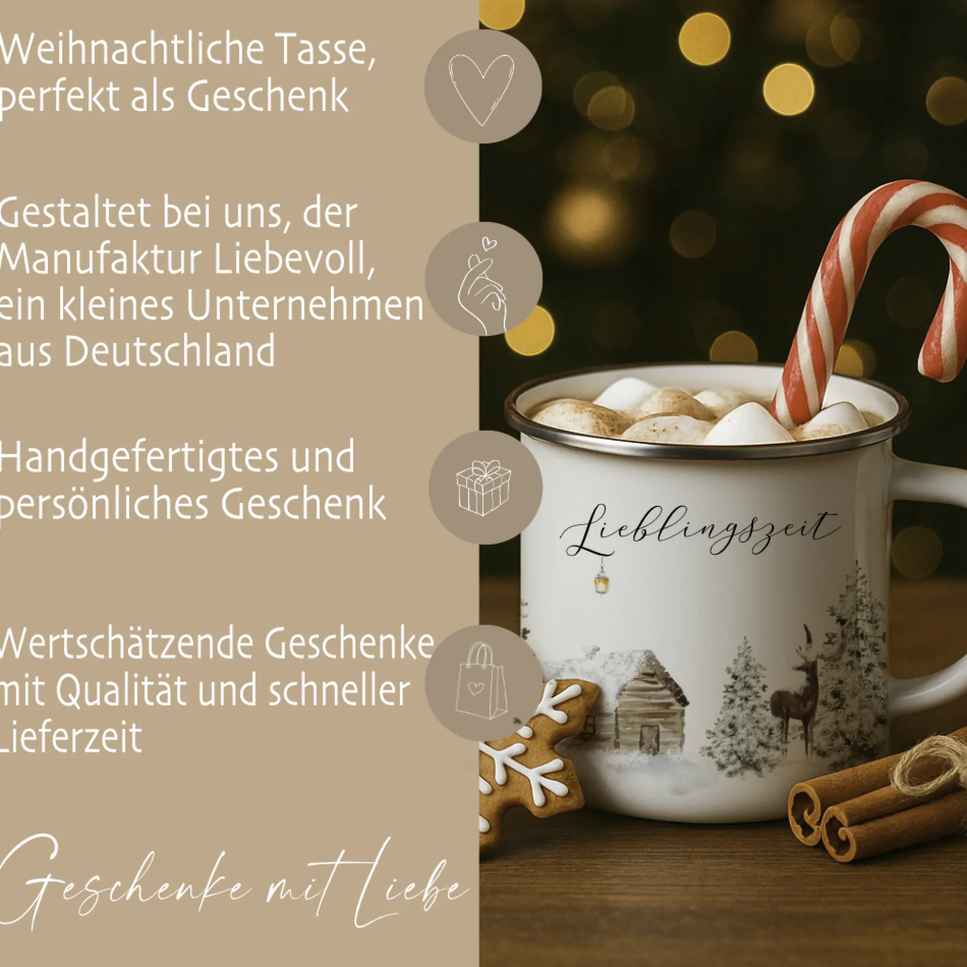 Emaille Tasse Lieblingszeit – Winter Becher mit Hirsch & Hütte – Geschenkidee Weihnachten & Advent