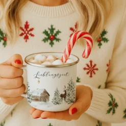 Emaille Tasse Lieblingszeit – Winter Becher mit Hirsch & Hütte – Geschenkidee Weihnachten & Advent
