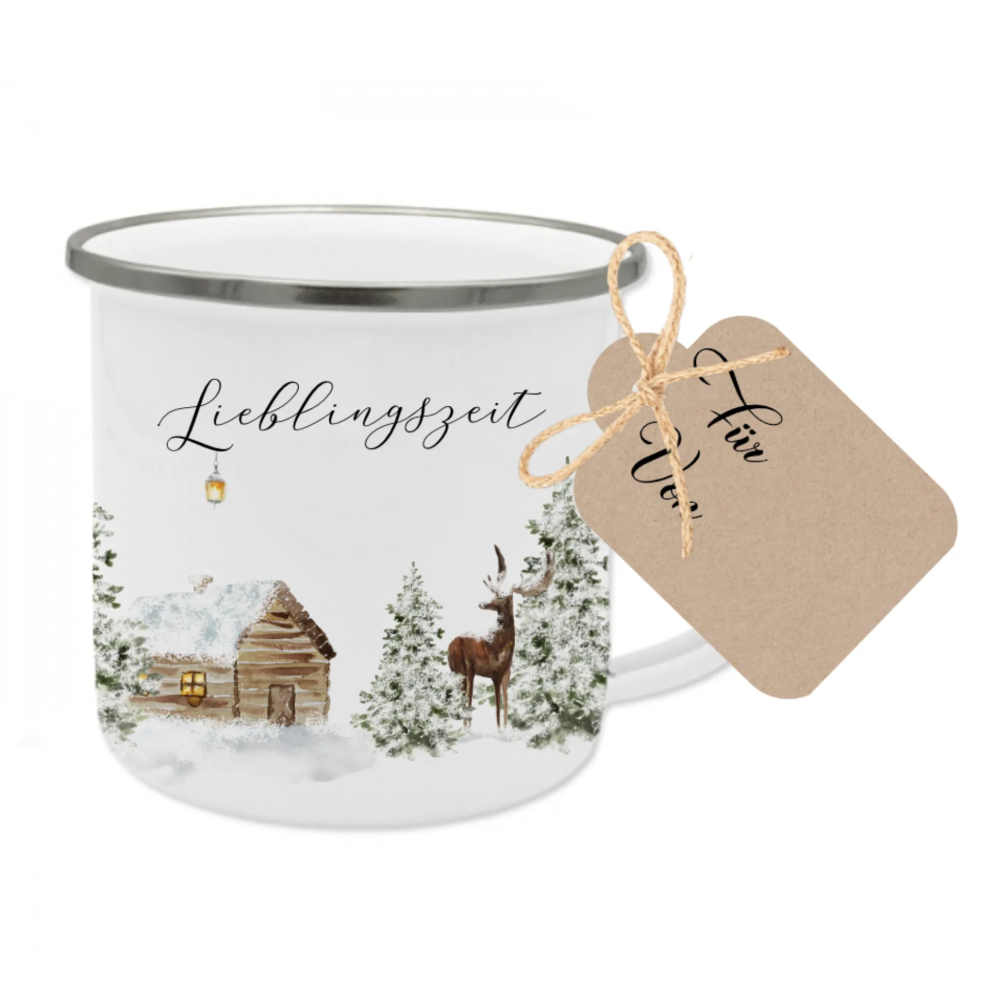 Emaille Tasse Lieblingszeit – Winter Becher mit Hirsch & Hütte – Geschenkidee Weihnachten & Advent