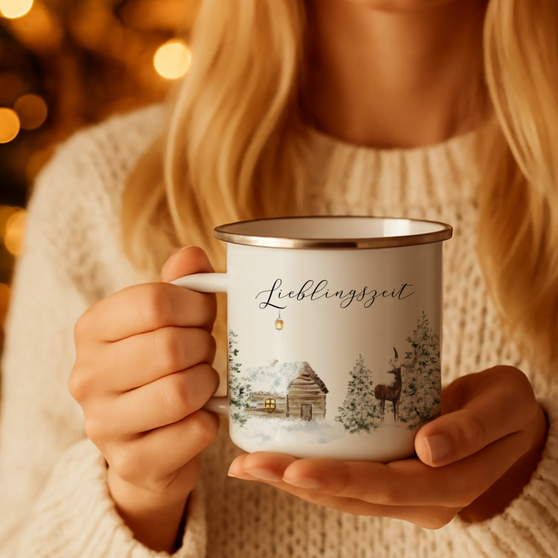 Emaille Tasse Lieblingszeit – Winter Becher mit Hirsch & Hütte – Geschenkidee Weihnachten & Advent