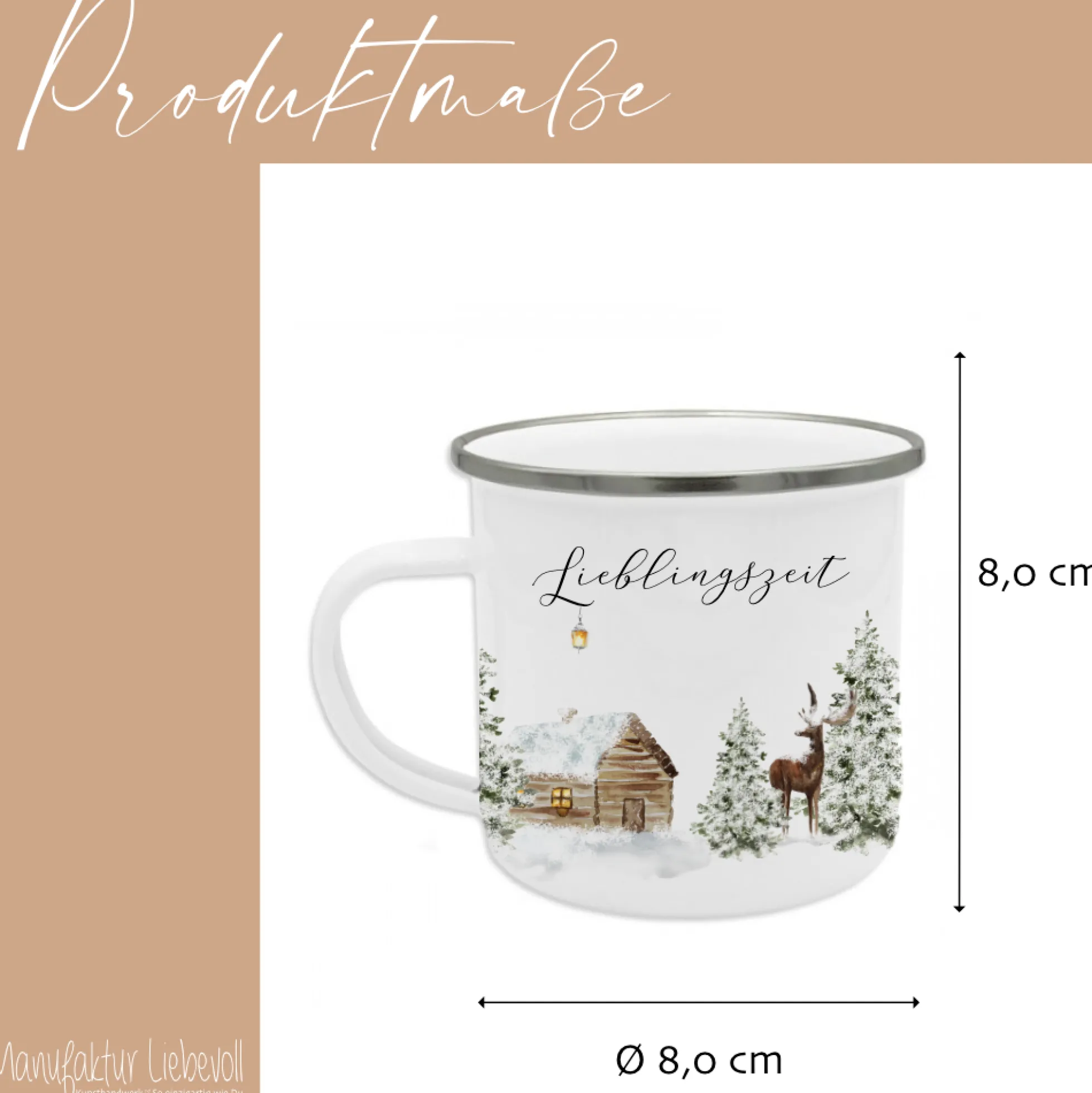 Emaille Tasse Lieblingszeit – Winter Becher mit Hirsch & Hütte – Geschenkidee Weihnachten & Advent