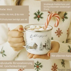 Emaille Tasse Lieblingszeit – Winter Becher mit Hirsch & Hütte – Geschenkidee Weihnachten & Advent