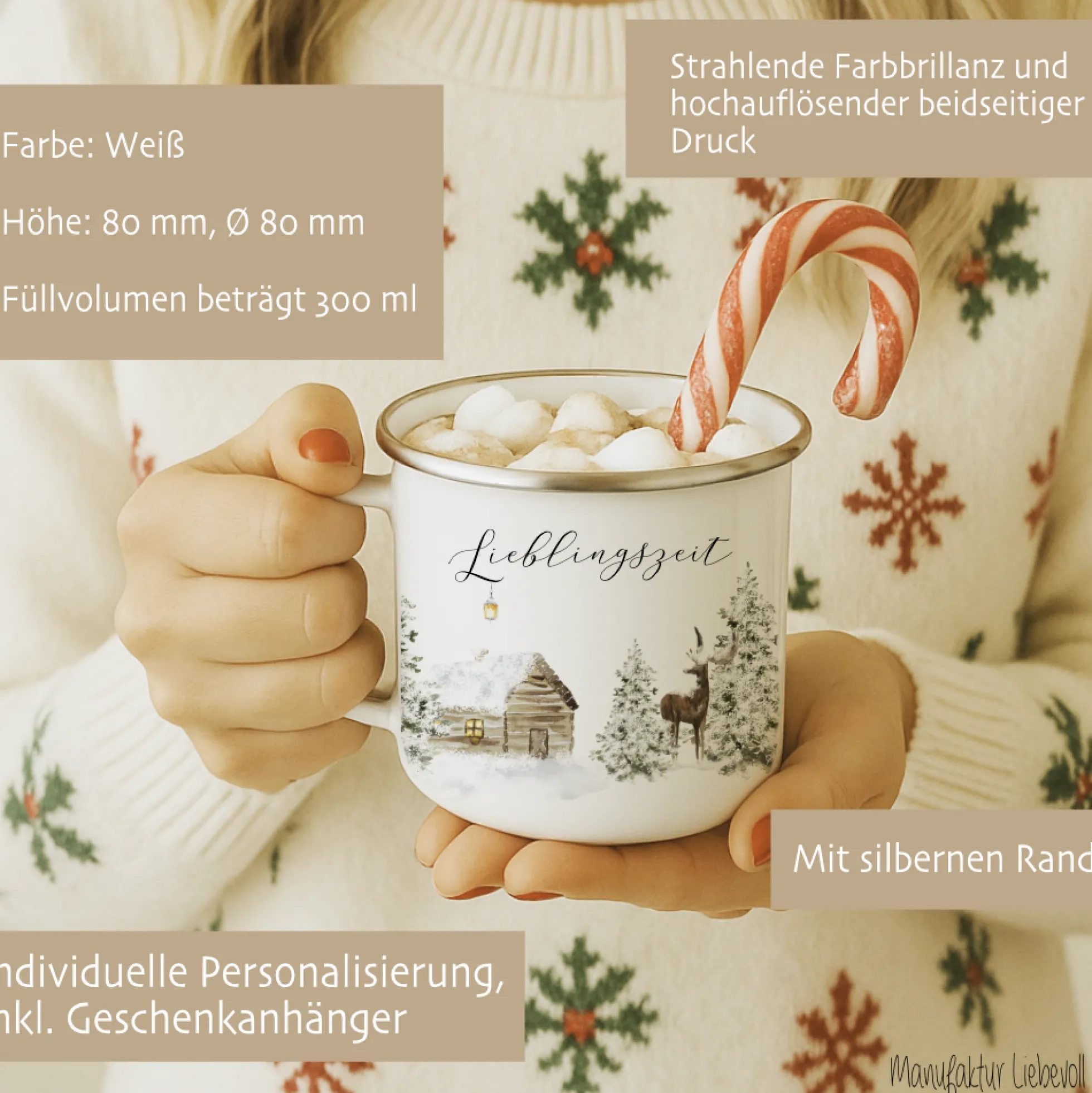 Emaille Tasse Lieblingszeit – Winter Becher mit Hirsch & Hütte – Geschenkidee Weihnachten & Advent
