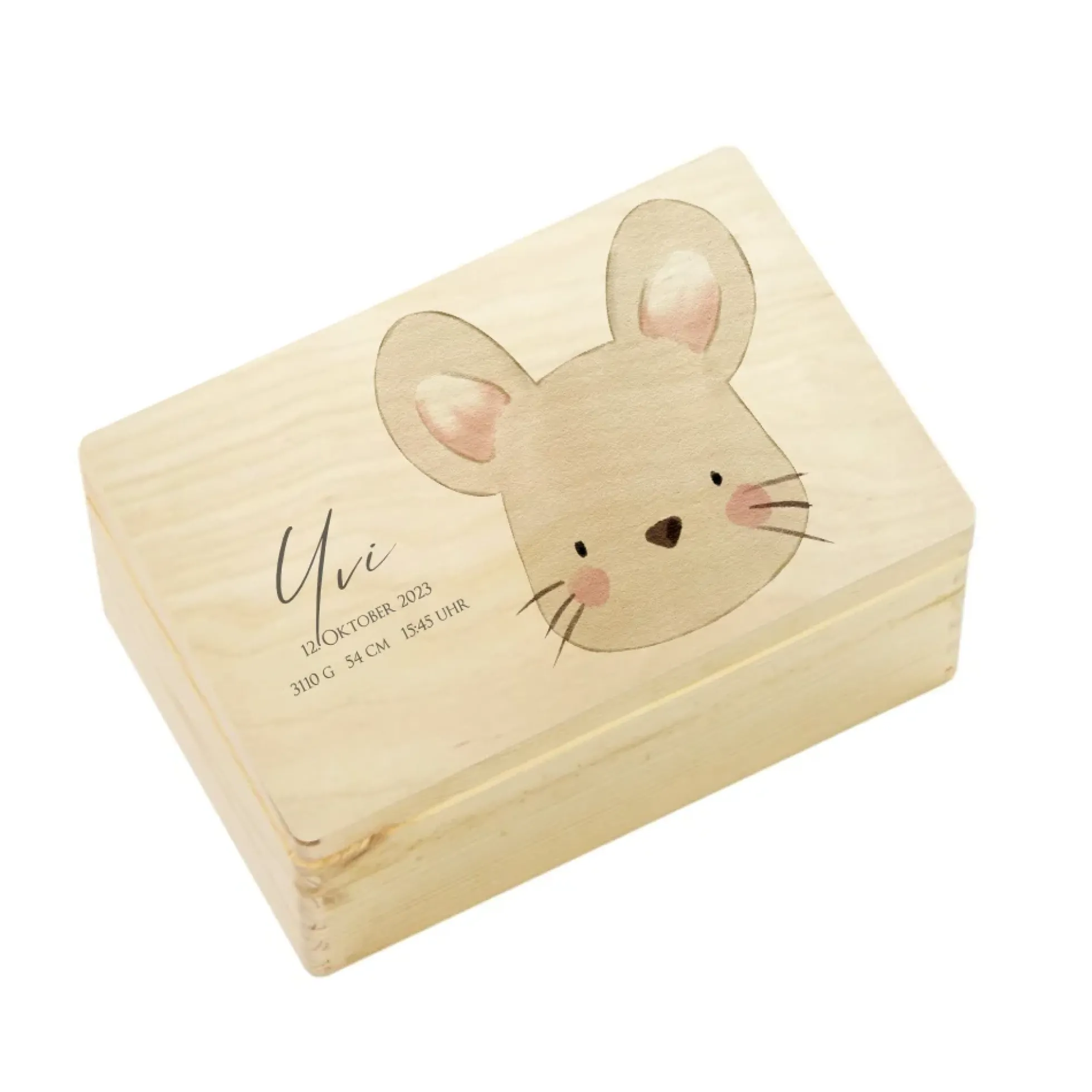 Erinnerungskiste aus Holz für Babys zur Geburt, Taufe, zum ersten Geburtstag | Personalisierte Holzkiste mit Motiv Maus