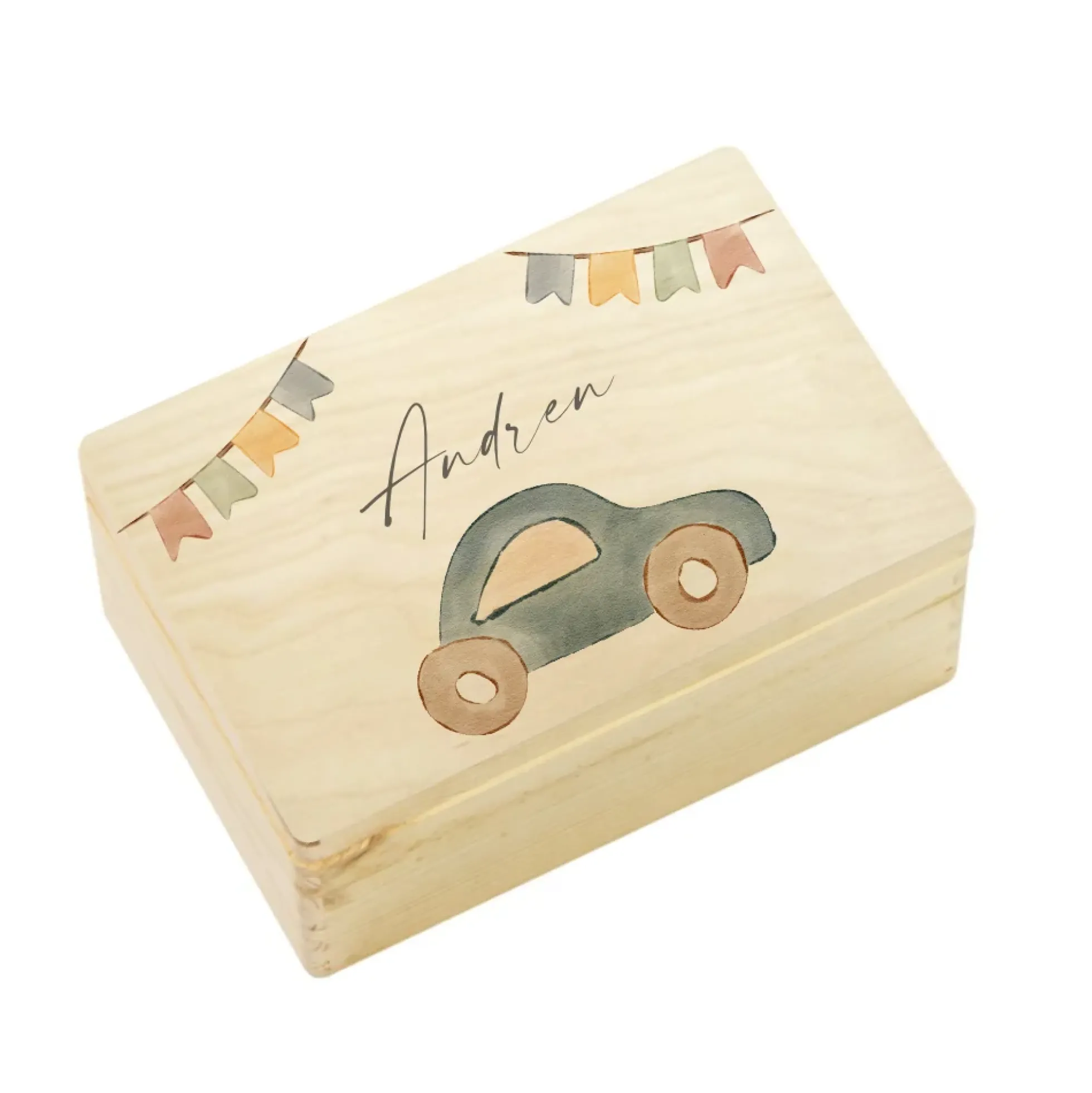 Erinnerungskiste aus Holz mit Deckel, Holzkiste mit Motiv Auto u. Namen des Kindes