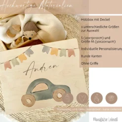 Erinnerungskiste aus Holz mit Deckel, Holzkiste mit Motiv Auto u. Namen des Kindes