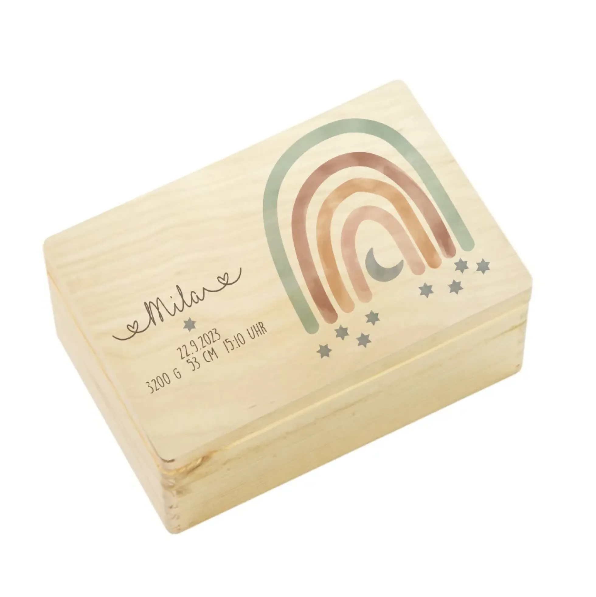 Erinnerungskiste aus Holz mit Motiv Regenbogen, Personalisierte Holzbox