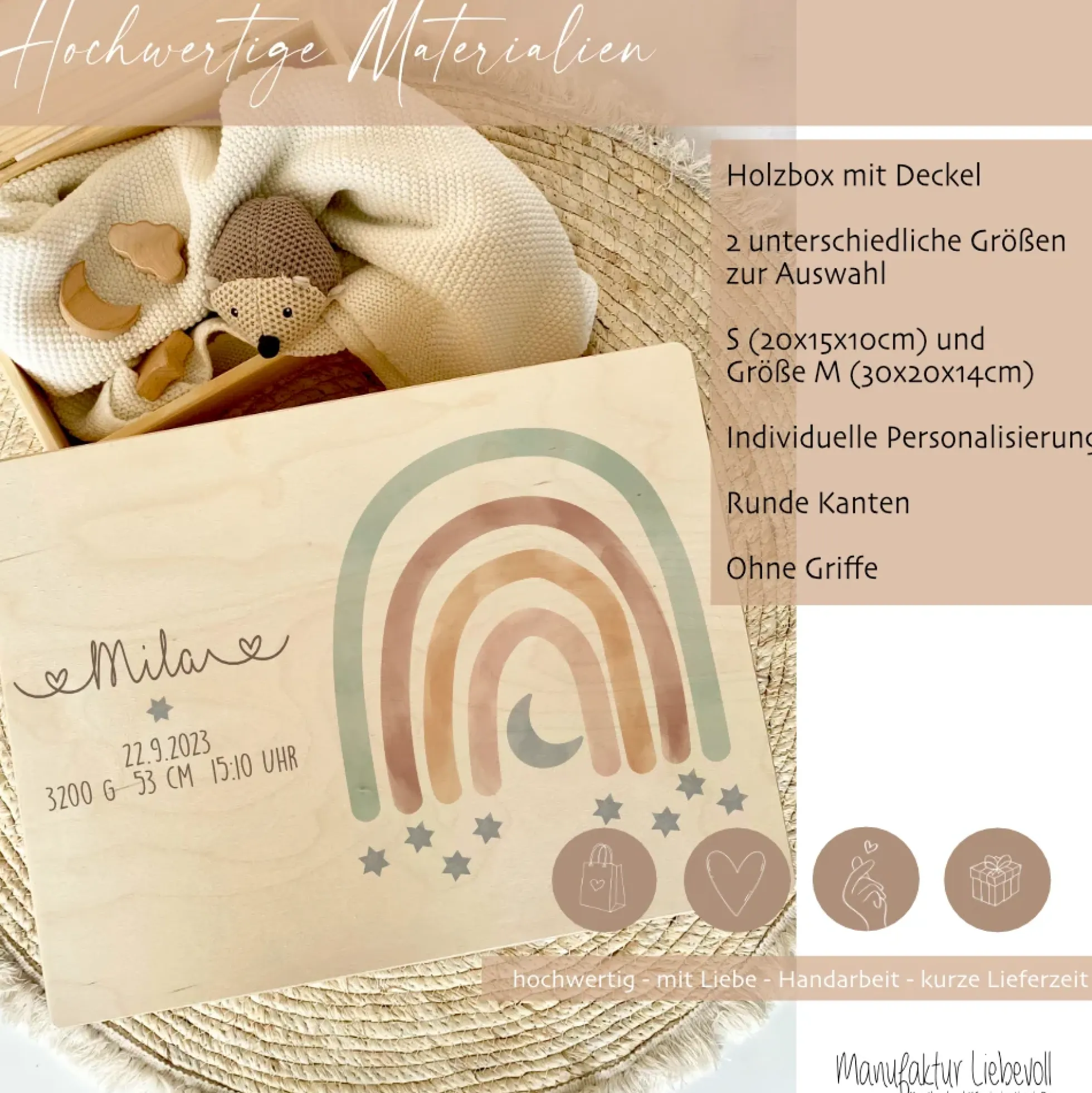 Erinnerungskiste aus Holz mit Motiv Regenbogen, Personalisierte Holzbox