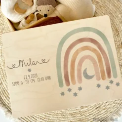 Erinnerungskiste aus Holz mit Motiv Regenbogen, Personalisierte Holzbox
