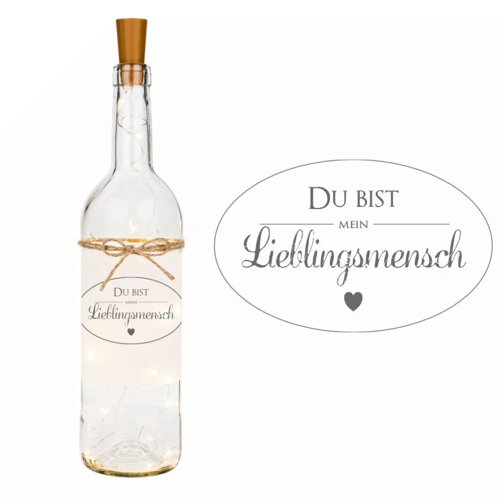 Flaschenlicht "Du bist mein Lieblingsmensch" | Einzigartiges Geschenk für Herzensmenschen | Glasflasche mit Beleuchtung und Spruch