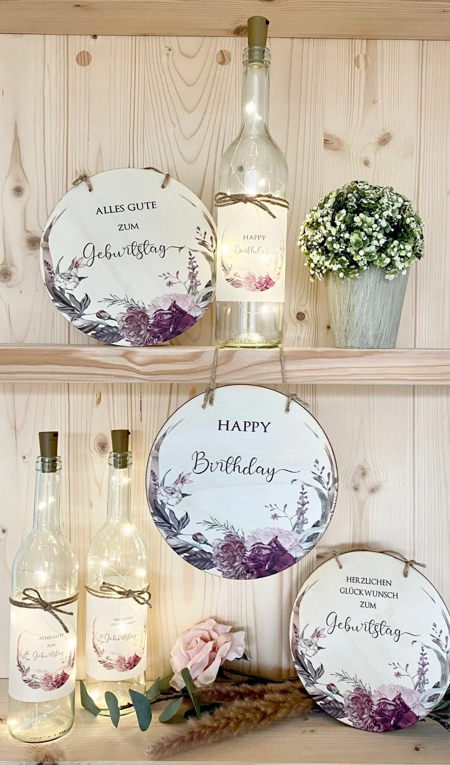 Flaschenlicht "Herzlichen Glückwunsch zum Geburtstag" | Geburtstagsgeschenk für Frauen | Eignet sich perfekt als Geldgeschenk | 3 Motivvarianten zur Auswahl
