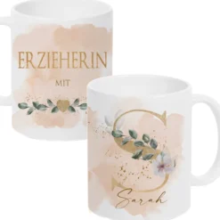 Florale Tasse mit Namen und goldenem Buchstaben personalisierte Kaffeetasse Keramik weiß