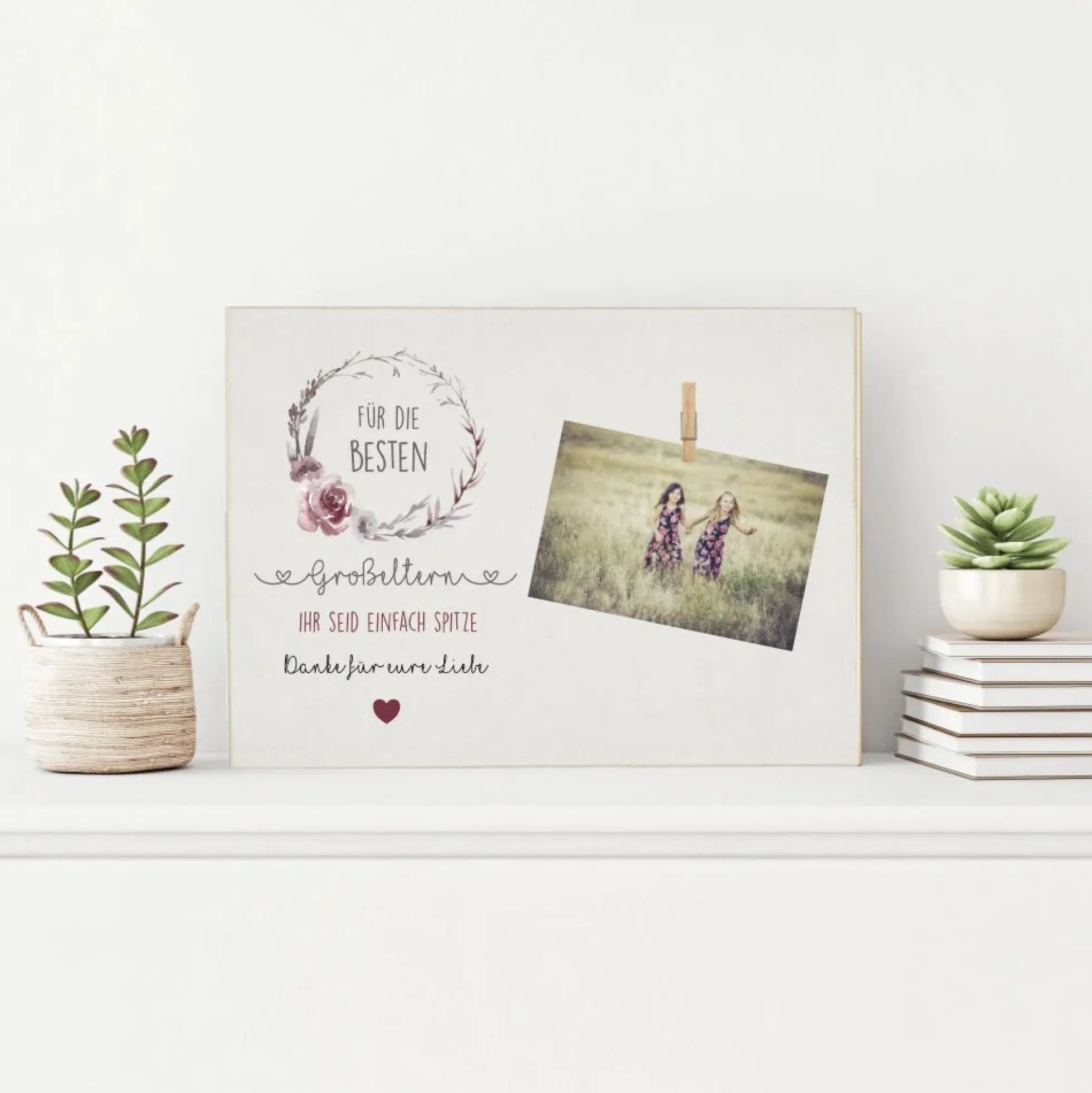 Fotogeschenk "Für die besten Großeltern. Ihr seid einfach Spitze. Danke für eure Liebe." | Originelles Geschenk für Oma u. Opa vom Enkelkind | Holzbild mit Klammer zum Anbringen eines Fotos