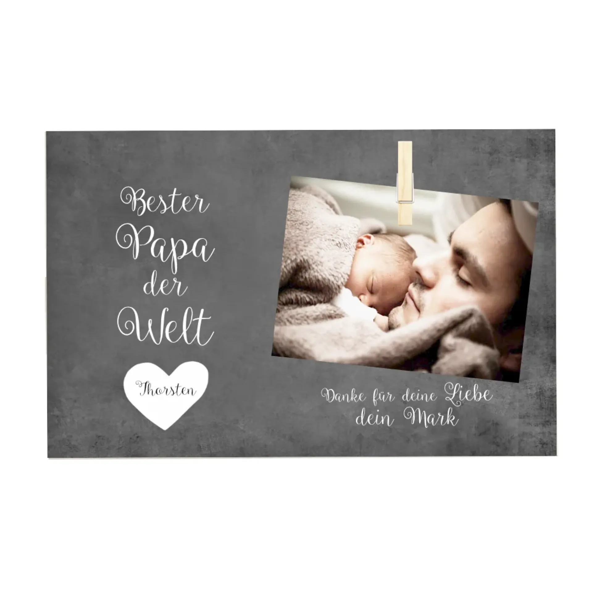 Fotogeschenk mit Holzklammer zum individuellen Befestigen eines Fotos | Personalisiertes Holzbild für den besten Papa der Welt | Handgefertigt mit dem Namen des Kindes und des Vaters
