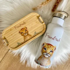 Frühstücksbox Löwe mit Namen für Mädchen und Jungen | Kinder Lunchbox mit Tiermotiv | Brotdose für Kindergarten und Schule | Personalisiertes Kindergeschenk