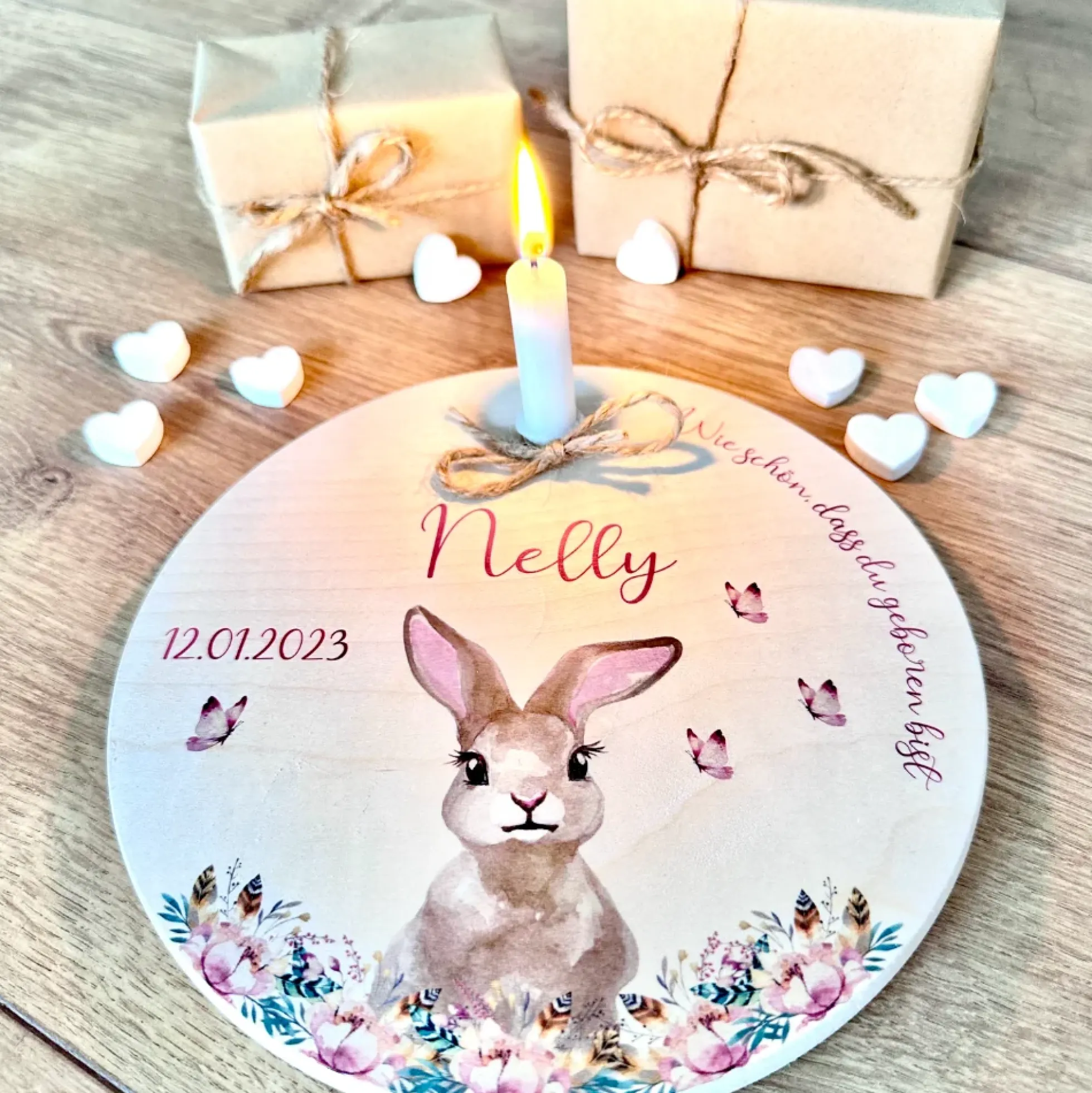 Geburtstagsteller "Hase" für Kinder | Personalisierter Kerzenteller aus Holz für Mädchen und Jungen + Kerze | Geschenkidee zum Geburt, Taufe, Kindergeburtstag | weitere Motive zur Auswahl