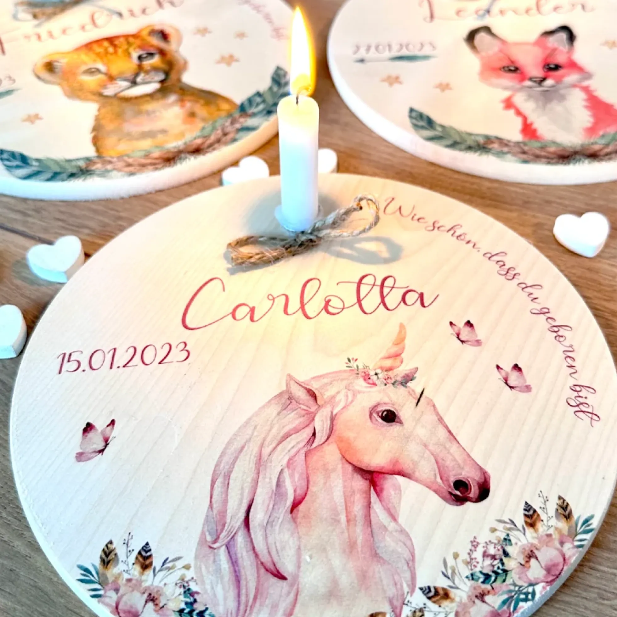 Geburtstagsteller "Hase" für Kinder | Personalisierter Kerzenteller aus Holz für Mädchen und Jungen + Kerze | Geschenkidee zum Geburt, Taufe, Kindergeburtstag | weitere Motive zur Auswahl
