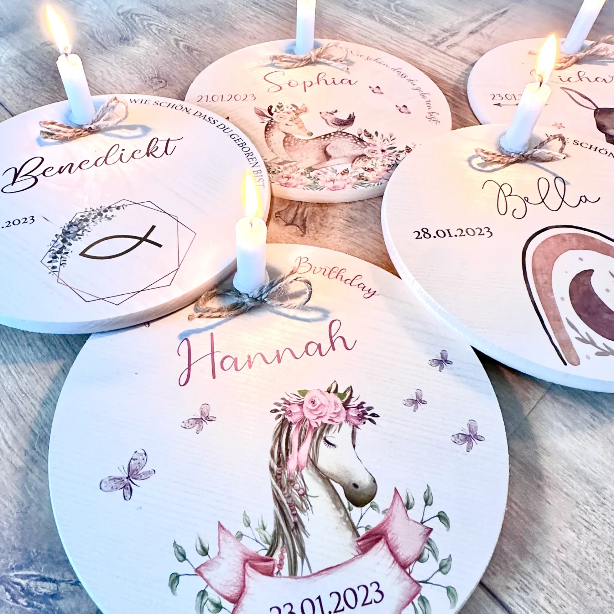 Geburtstagsteller "Hase" für Kinder | Personalisierter Kerzenteller aus Holz für Mädchen und Jungen + Kerze | Geschenkidee zum Geburt, Taufe, Kindergeburtstag | weitere Motive zur Auswahl