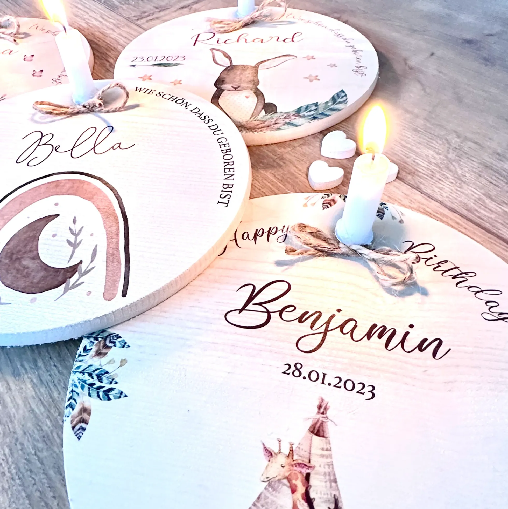 Geburtstagsteller "Hase" für Kinder | Personalisierter Kerzenteller aus Holz für Mädchen und Jungen + Kerze | Geschenkidee zum Geburt, Taufe, Kindergeburtstag | weitere Motive zur Auswahl