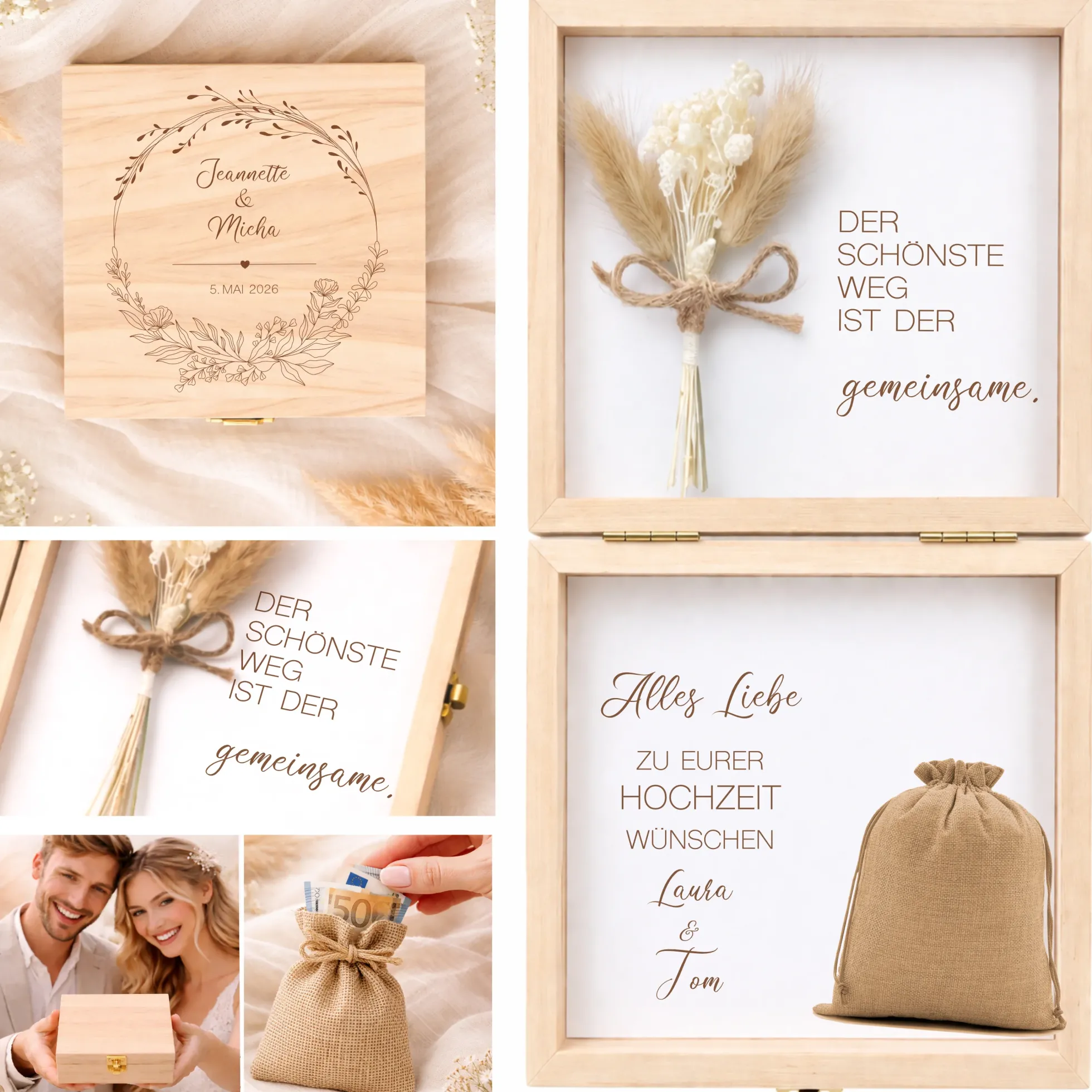 Geldgeschenk Hochzeit personalisiert | Hochzeitsgeschenk Brautpaar mit Namen & Datum | Holzbox Geldgeschenk Hochzeit mit Jutesack