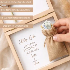 Geldgeschenk Hochzeit personalisiert | Hochzeitsgeschenk Brautpaar mit Namen & Datum | Holzbox Geldgeschenk Hochzeit mit Jutesack