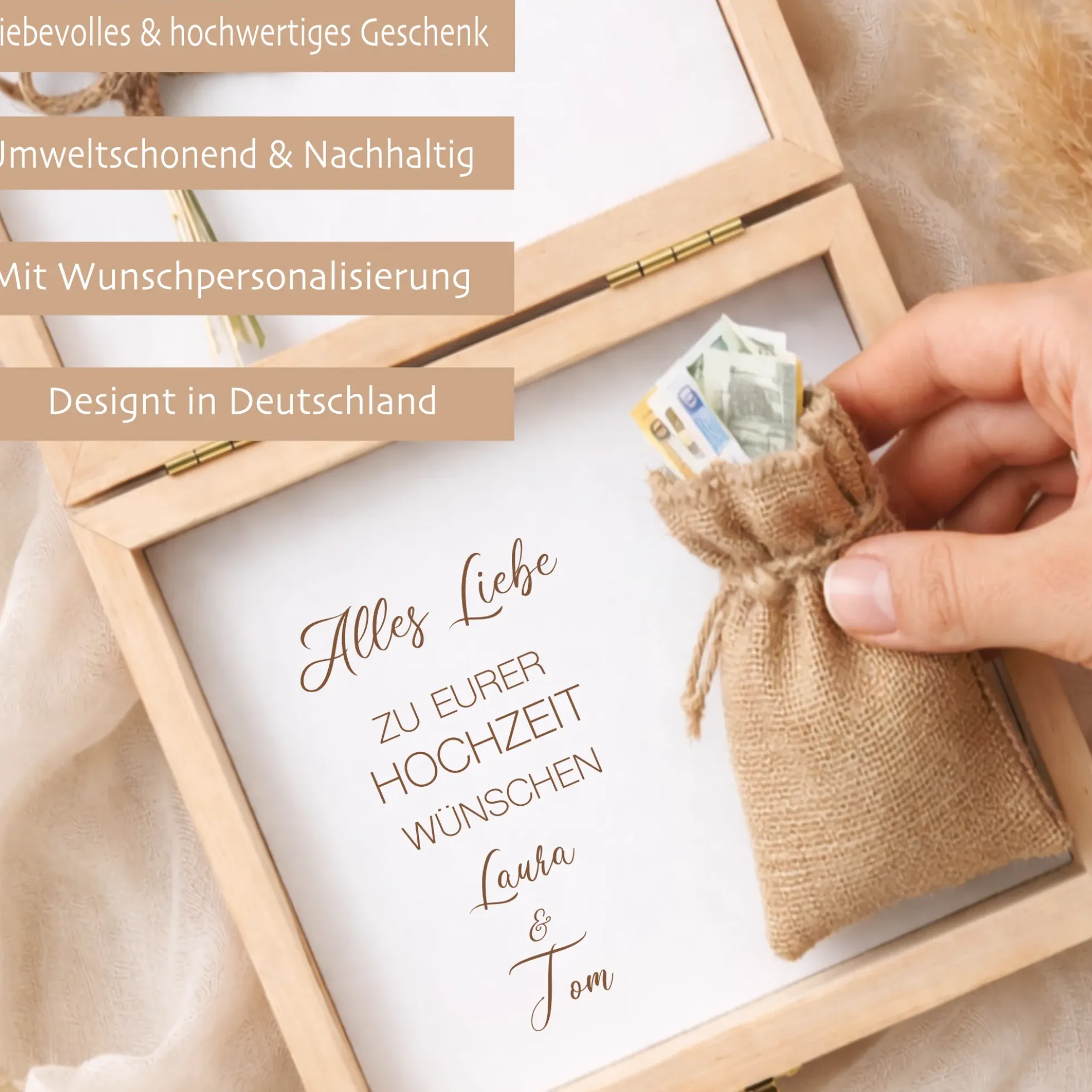 Geldgeschenk Hochzeit personalisiert | Hochzeitsgeschenk Brautpaar mit Namen & Datum | Holzbox Geldgeschenk Hochzeit mit Jutesack