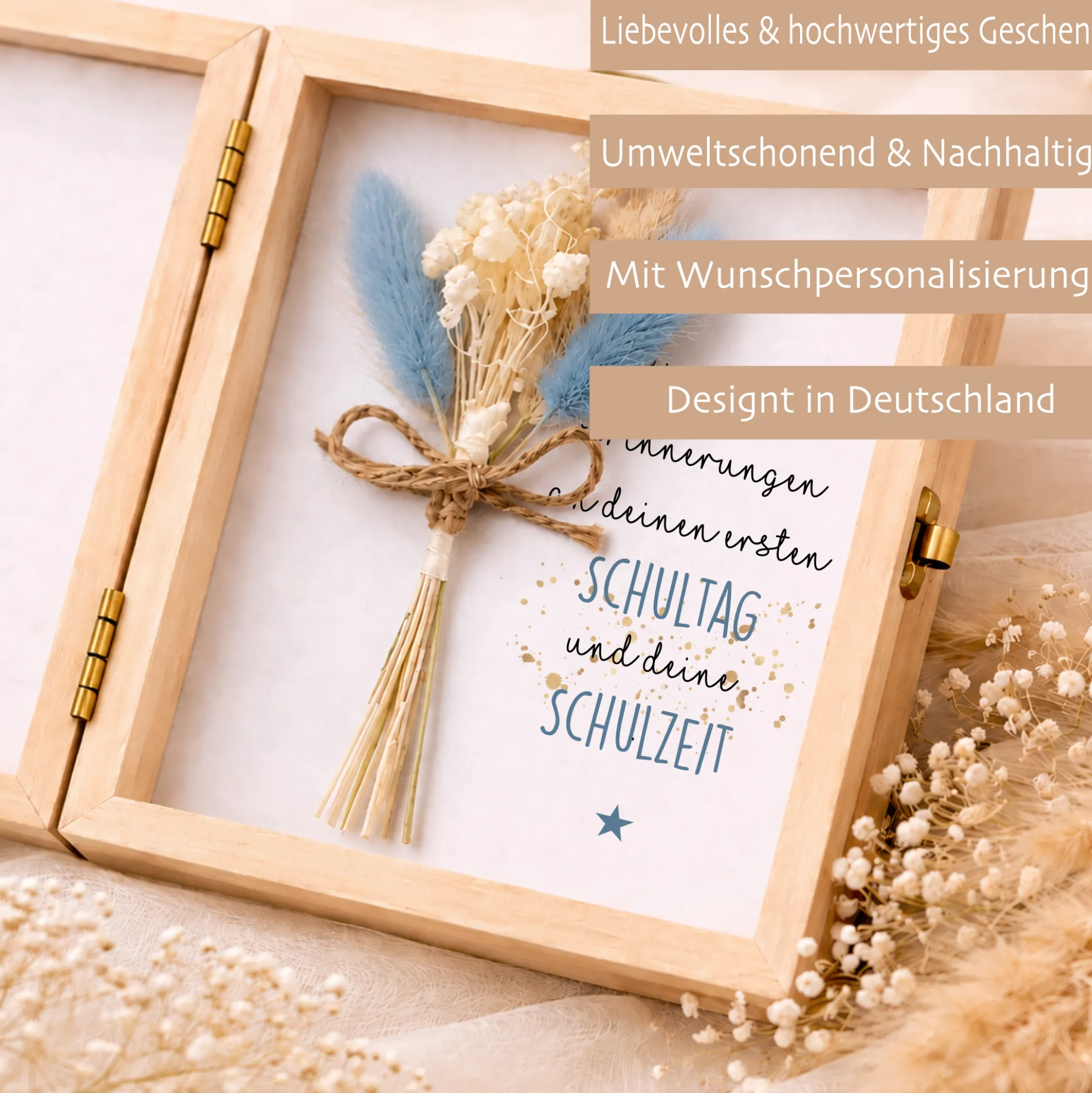 Geschenkbox zur Einschulung – personalisierte Holzbox mit Trockenblumen & Geldsäckchen