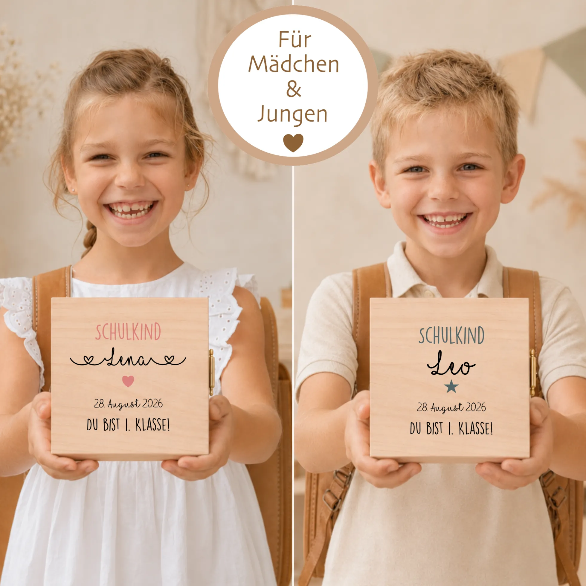 Geschenkbox zur Einschulung – personalisierte Holzbox mit Trockenblumen & Geldsäckchen