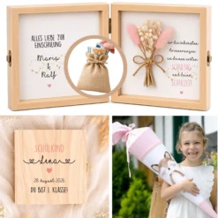 Geschenkbox zur Einschulung – personalisierte Holzbox mit Trockenblumen & Geldsäckchen