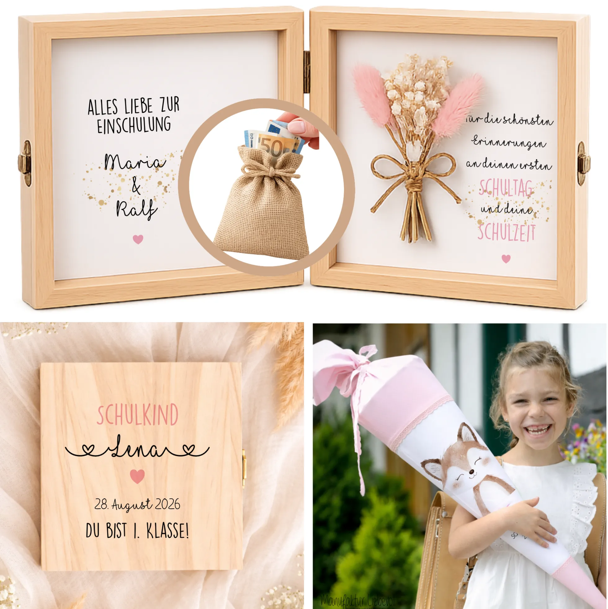 Geschenkbox zur Einschulung – personalisierte Holzbox mit Trockenblumen & Geldsäckchen