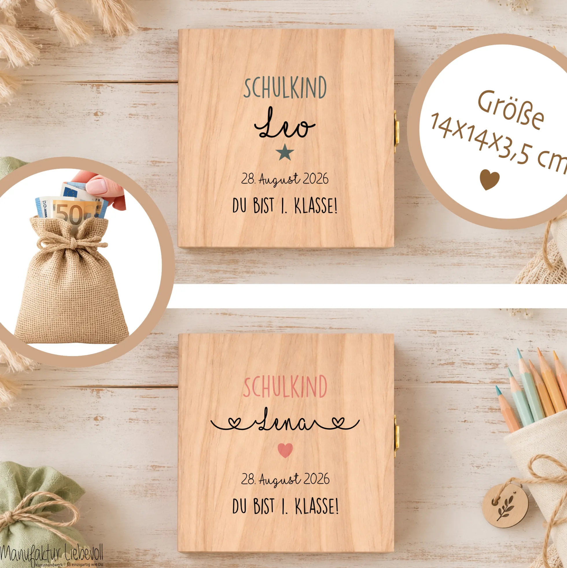 Geschenkbox zur Einschulung – personalisierte Holzbox mit Trockenblumen & Geldsäckchen