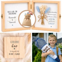 Geschenkbox zur Einschulung – personalisierte Holzbox mit Trockenblumen & Geldsäckchen